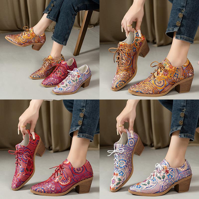 Spring and Autumn women's short boots printed fabric thick sole thick heel high heel front lace-up casual women's shoes deep mouth large size pointed