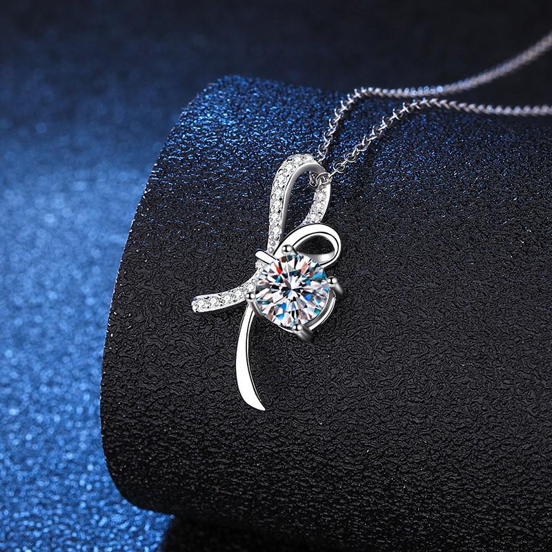 S925 Sterling Silver Bow Pendant with PT950 Plated 1 Carat D Color Moissanite Necklace for Women - Light Luxury.