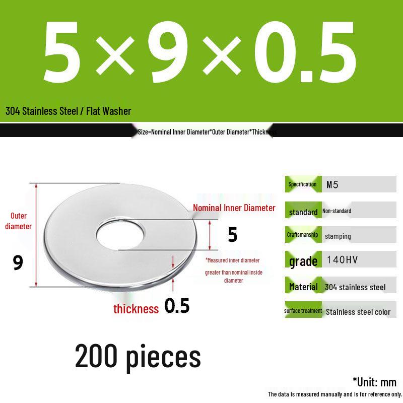 304 Stainless Steel Thickened Flat Washer Set, Sizes 2-36