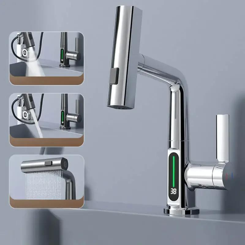 

2025 New Digital Display Waterfall Pull-out Kitchen Faucet Hot and Cold Water Mixer Smart Bathroom Washing Faucet серебряный