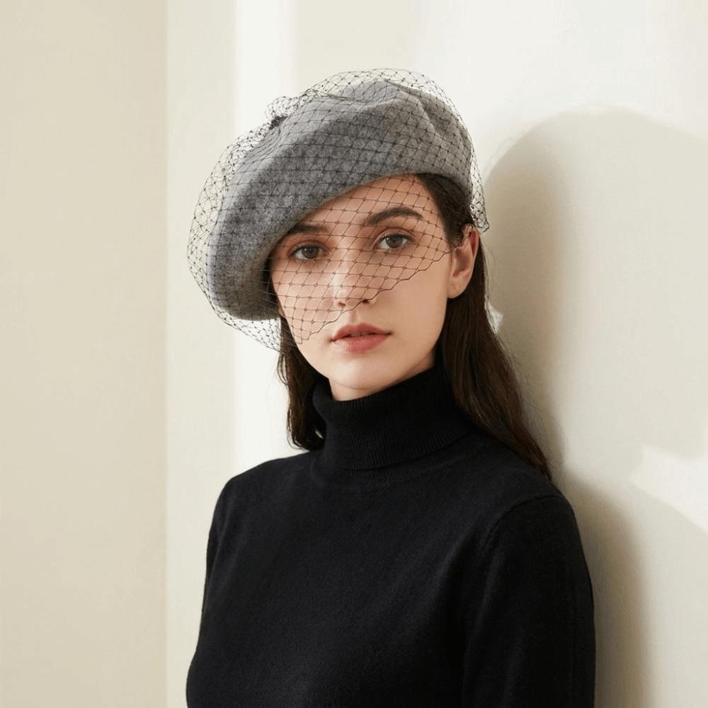 French Style Mesh Wool Beret with Mesh Veil Beanie Cap Elegant Painter Hat Women