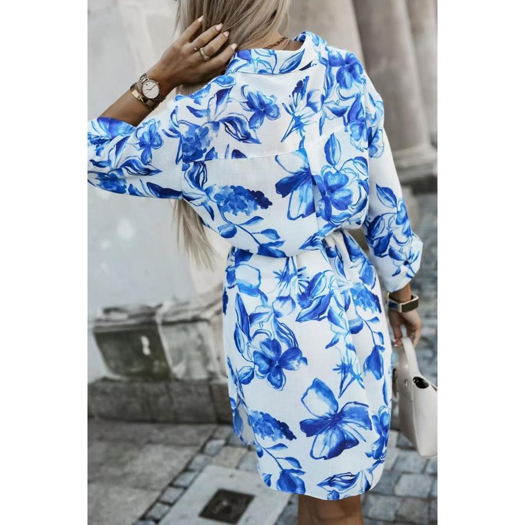 Autumn New Women's Fashion Printed Waist Lace-up Long Sleeve Shirt Dress, European & American Style Casual Dress for Women