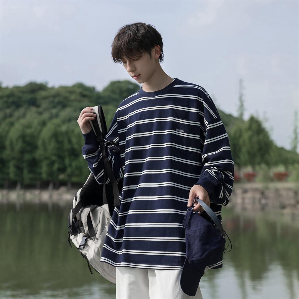 Autumn New Striped Long-Sleeved T-Shirt Men'S College Style Retro Trend Casual Crew Neck Bottoming Sweater