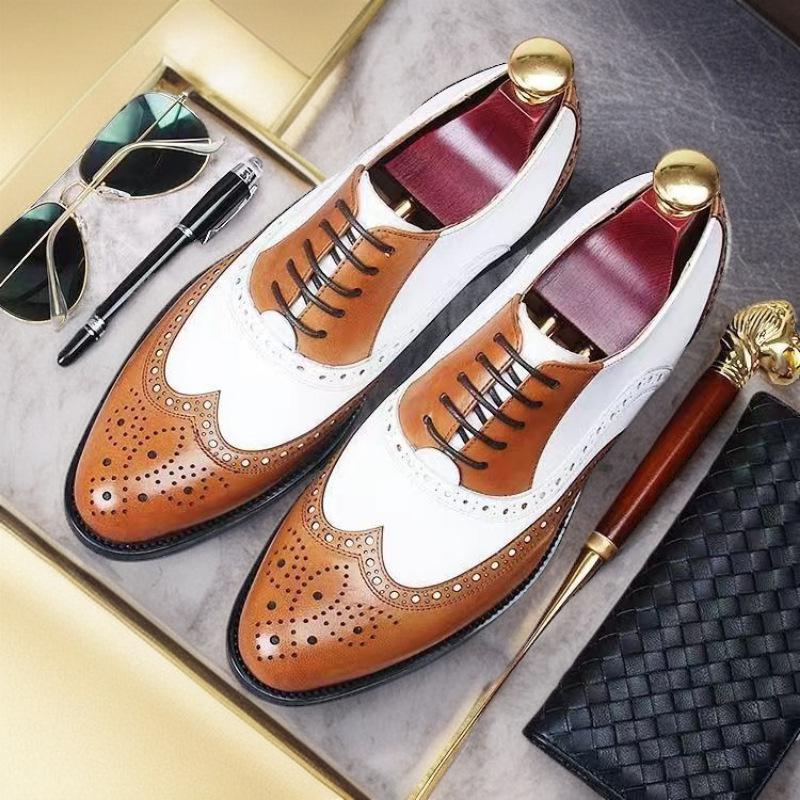 Men's Brogue Leather Shoes: Large Size, Color-Block, Trendy Formal Footwear