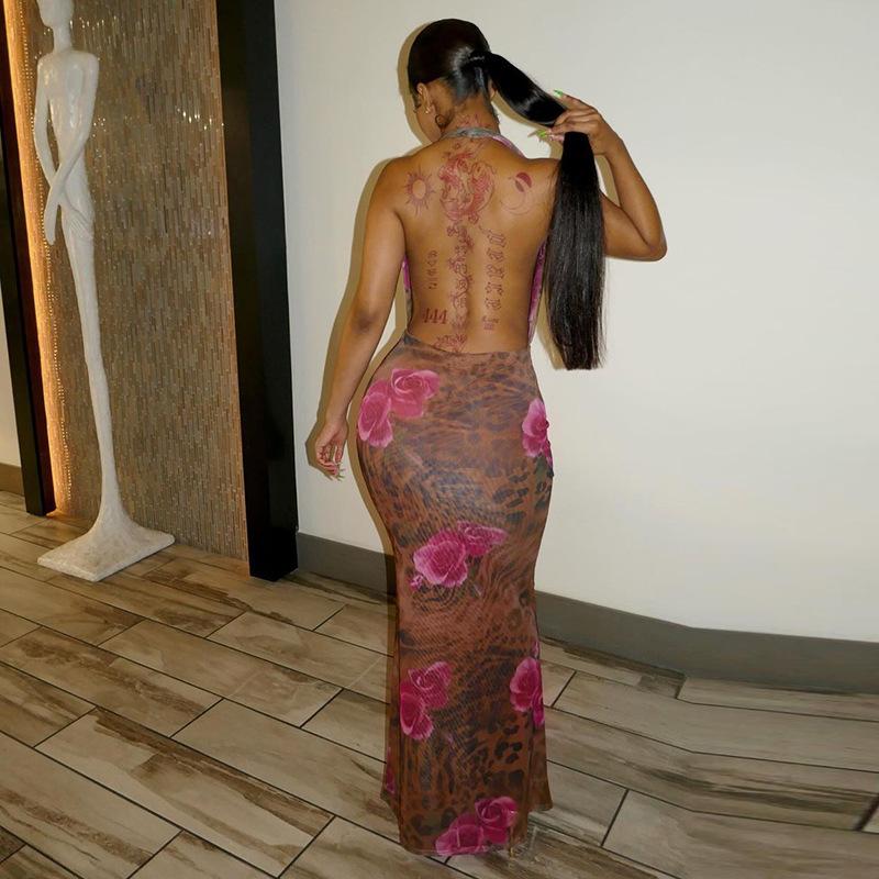 Sexy Neckholder Neckholder Taschenhals Print Kleid Damen Sommer Gewürzkleid