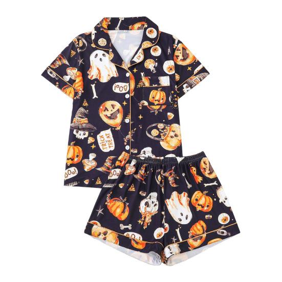 Halloween Women Pajamas Set Ghost Pumpkin Print Short Sleeve Button Down Shirts And Shorts Sleepwear Set 2 Piece Loungewear Pjs Short Set