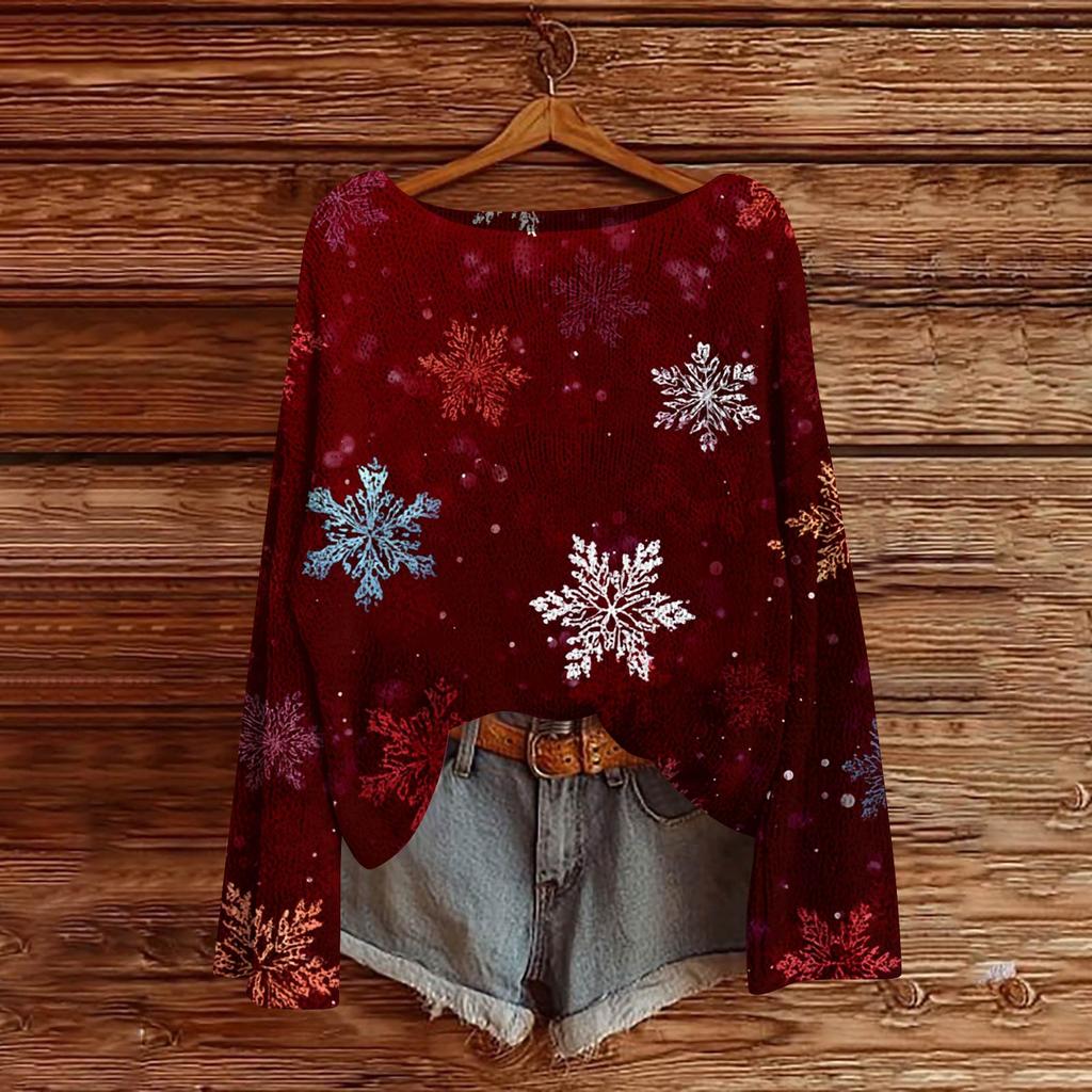 Women's Fashion Christmas Print Lightweight Sweater Casual Long-Sleeve Knit Pullover Top