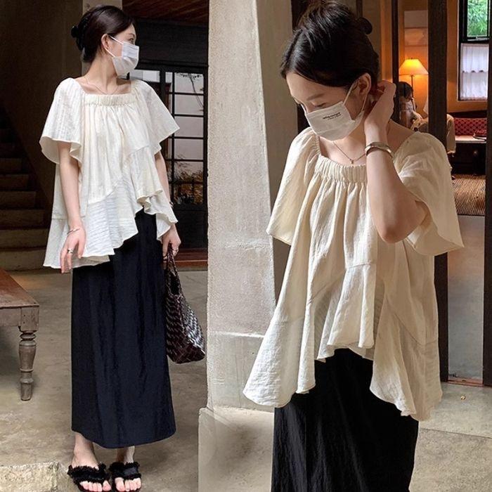 

Fat mm summer thin square collar shirt design sense split irregular and thin versatile age-reducing maternity clothes top women 4XL