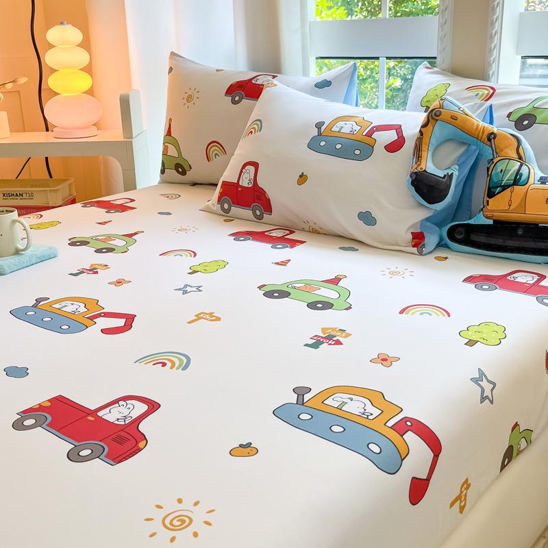 1Pc Cotton Bed Sheet For Kids Cartoon Style Car Printed Fitted Sheet With Elastic Band For Boys Pure Cotton Single Bed Cover