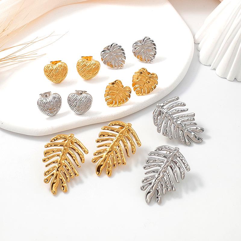 18K Gold Plated Titanium Steel Heart & Leaf Earrings, Versatile Light Luxury for Women