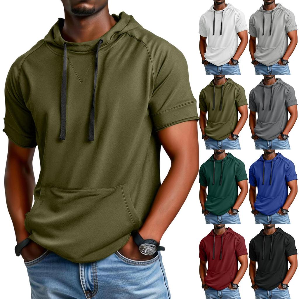 Men's Loose Fitting Pocket Casual Sports Hooded Short Sleeved T-Shirt