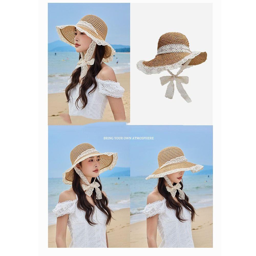 Breathable Lace Tied Sun Hat Sunshade UV Protection Cap Sweet Women Straw Hat  Travel