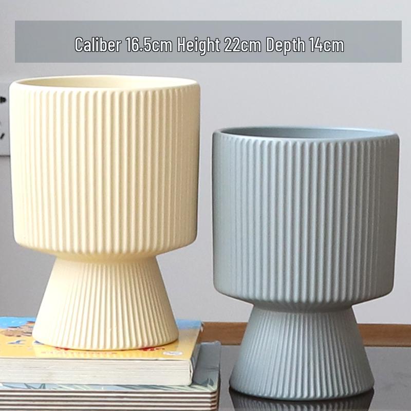 Nordic Ceramic Flower Pot with Tray - High-Footed Vertical Stripes for Indoor/ Balcony, Ideal for Pothos and Orchids.
