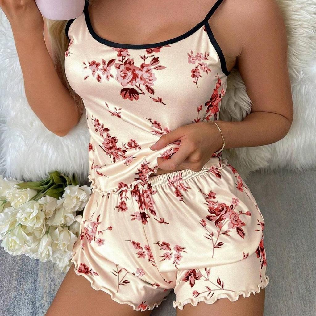 Shein Floral Print Milk Silk Women's Pajamas Set - Camisole & Shorts
