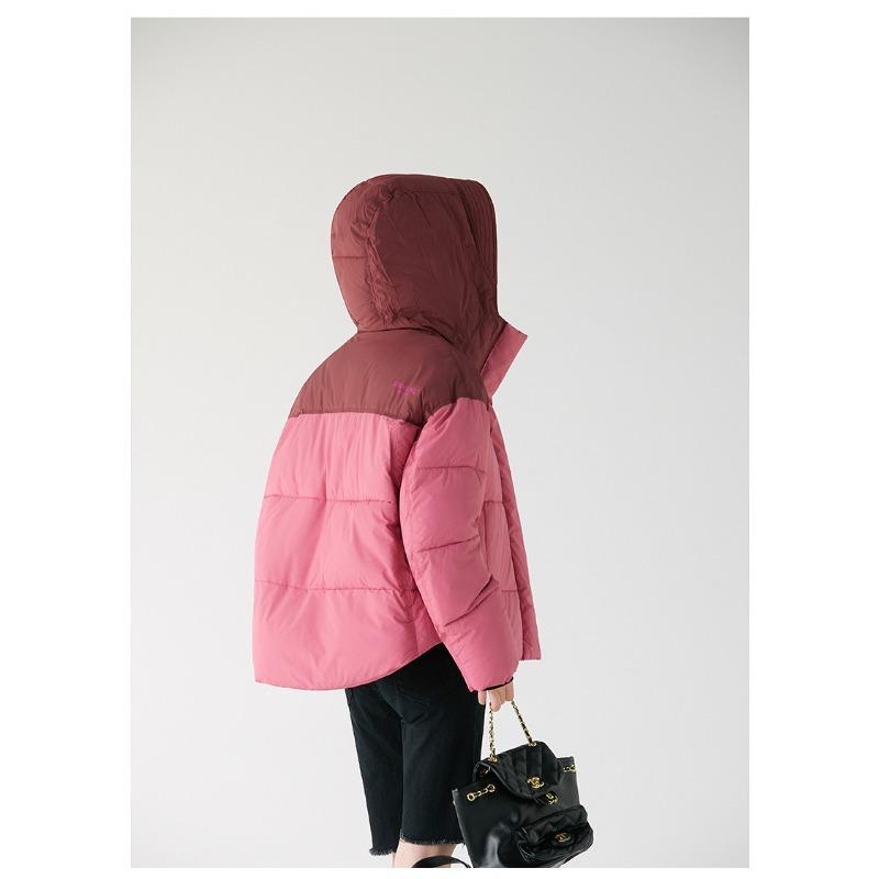 Winter New Short Hooded Color Blocked Cotton Jacket for Women's Sports, Fashionable, Thick and Warm Couple Jacket