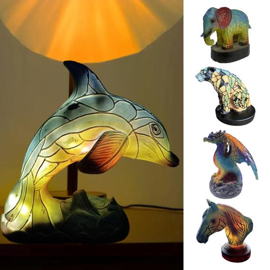 Dyrepynt Nattlys Kattelampe Farget glass Resinstatue Dekorativ Bordlampe Hjem Skrivebordsdekor
