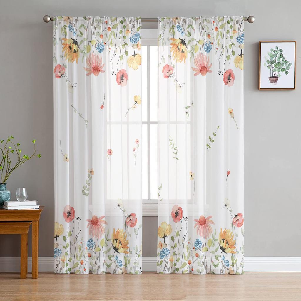 Cortinas Voile Transparentes de Folhas Verdes, Cortinas de Janela de Eucalipto Colibri com Filtragem de Luz e Bolso para Varão, Cortinas Voile