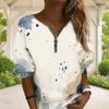 Women Plus Size V Neck Front Zip Blue Beige Watercolor Printed Long Sleeve Sweatshirt