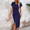 Women's Bodycon Midi Dress Short Sleeve V Neck Ruched Cocktail Party Dress Formal Slit Office Work Business Outfit