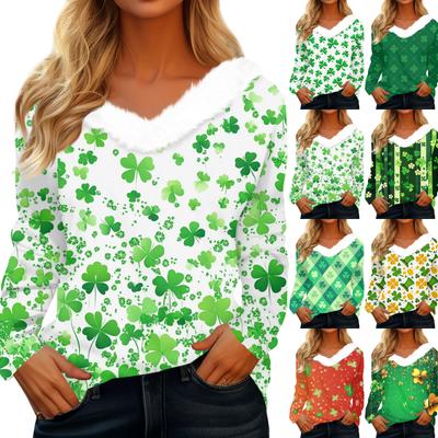 Damen Saint Pao Print Langarm V-Ausschnitt Lässiges Lockeres T-Shirt Oberteil