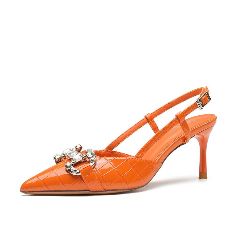 

Baotou sandals women s summer new thin heel pointed stone pattern glossy patent leather design single shoes commuter high heels 40 оранжевый