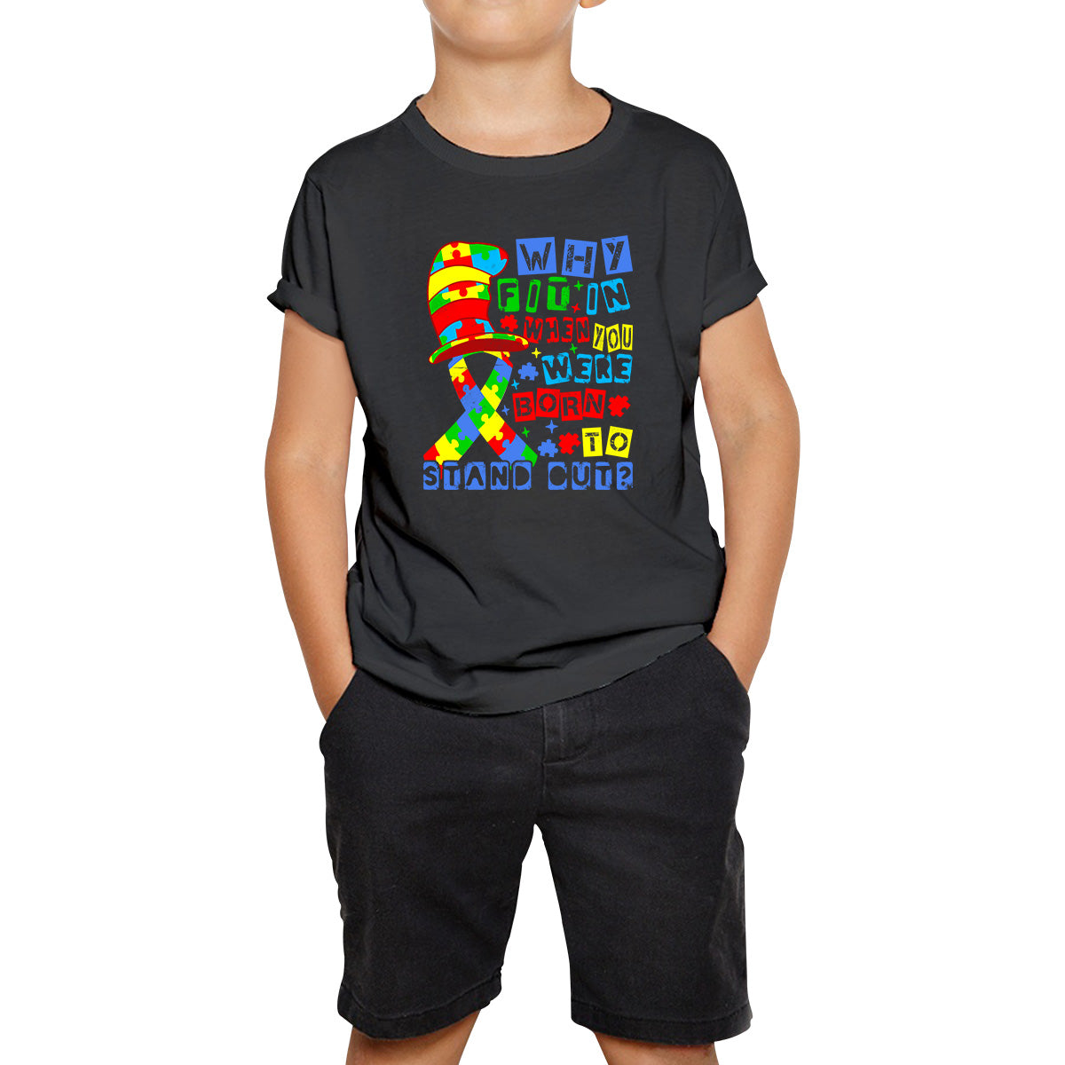 

Why Fit In When You Were Born To Stand Out Dr Seuss Autism Ribbon In The Hat Awareness Month Kids T Shirt 100