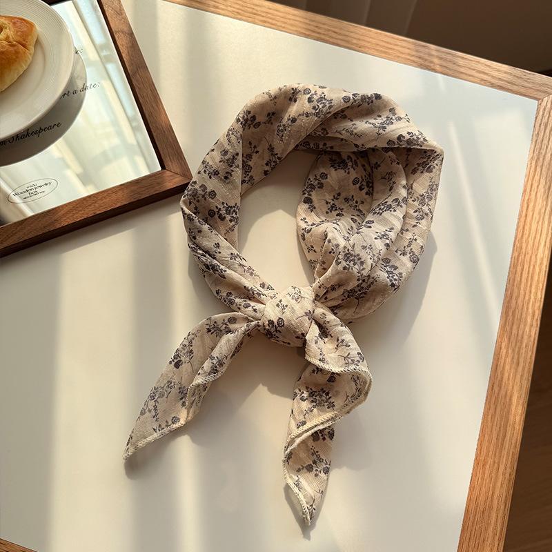 Retro literary striped linen small silk scarf women s Korean versatile fashion niche scarf thin ribbon neck scarf