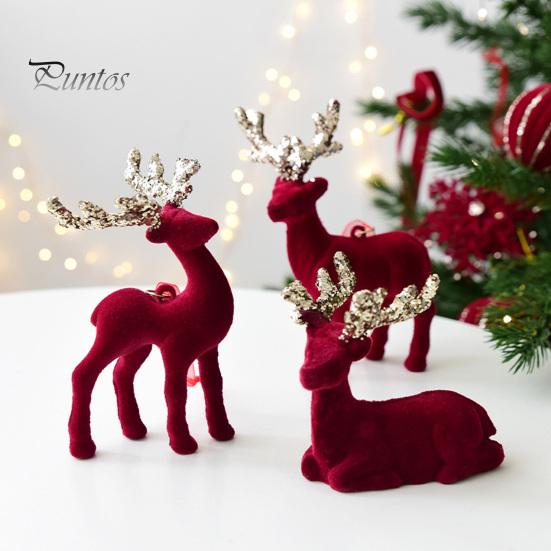Indoor Christmas Party Supplies Flocking Elk Statue, Red Plush Reindeer Ornament, Cute Seated Window Hanging Display Standing Deer Sculpture for Wine