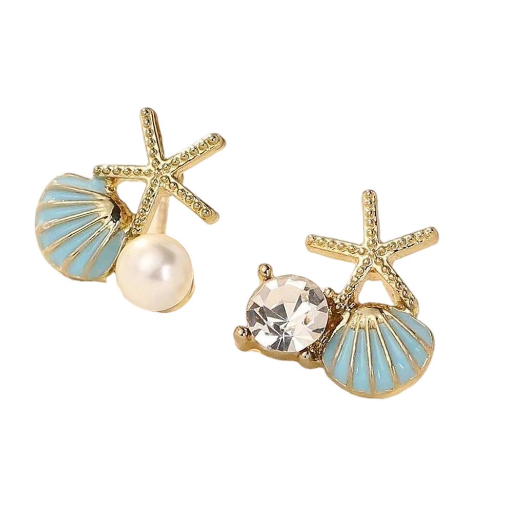 Asymmetric Starfish Earrings Stud Elegant Starfish Pearls Earrings With Crystal Zircons Marine Inspired Jewelry