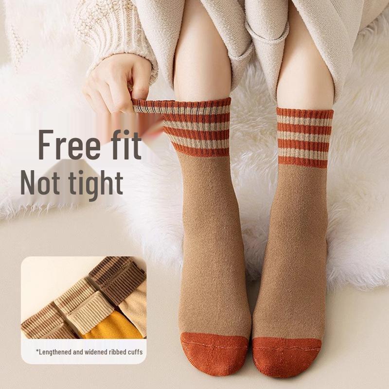 Damen Verdickte Gestreifte Mid-Calf Socken: Fleecegefütterter Frottee für Wärme, Herbst- & Winter-Retro-Woll-Design