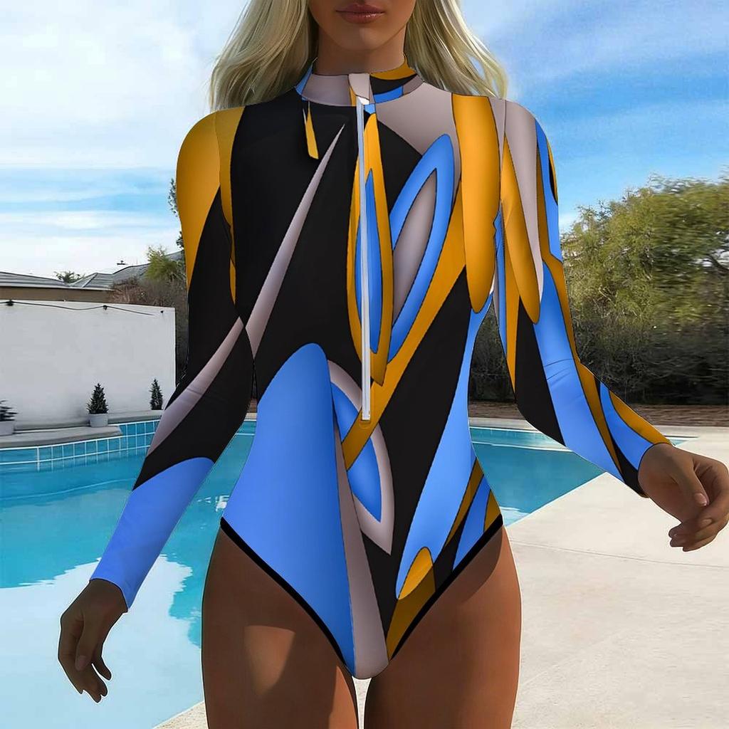 Women Long Sleeve One Piece Swimsuit Zip Front Tropical Plants Print Rash Guard Surfing Bathing Suit