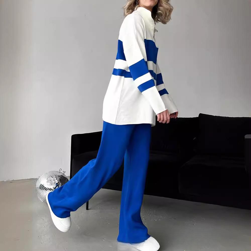 Women's Lounge Sets 2 Piece Outfits Zip POLO V Neck Knitted Pullover Sweater Tops Wide Leg Pants Sets Tracksuit Chunky Fall Winter Sweatsuit for Women