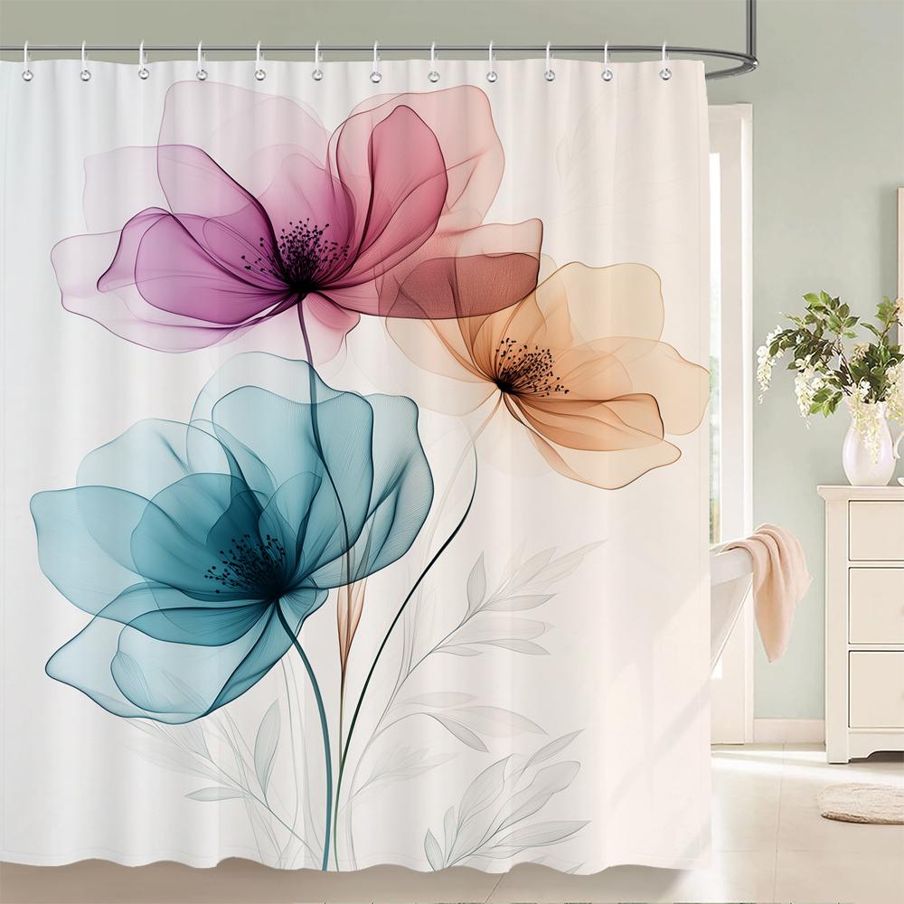Watercolor Flowers Shower Curtain, Floral Plant Bathroom Decorative Shower Curtain, Waterproof Shower Curtain with Hooks