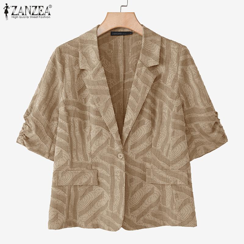 ZANZEA Women Casual Notched Lapel Loose 3/4 Sleeve Print Cardigan Blouse