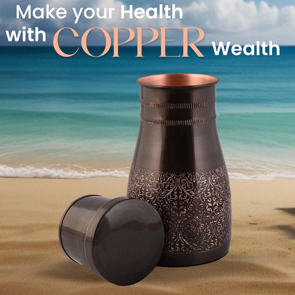 Copper Bedroom Jar with Inbuilt Glass | Rarity Carving Design | Handcrafted, Leakproof, Jointless | Ayurvedic Benefits, Antioxidant Properties |