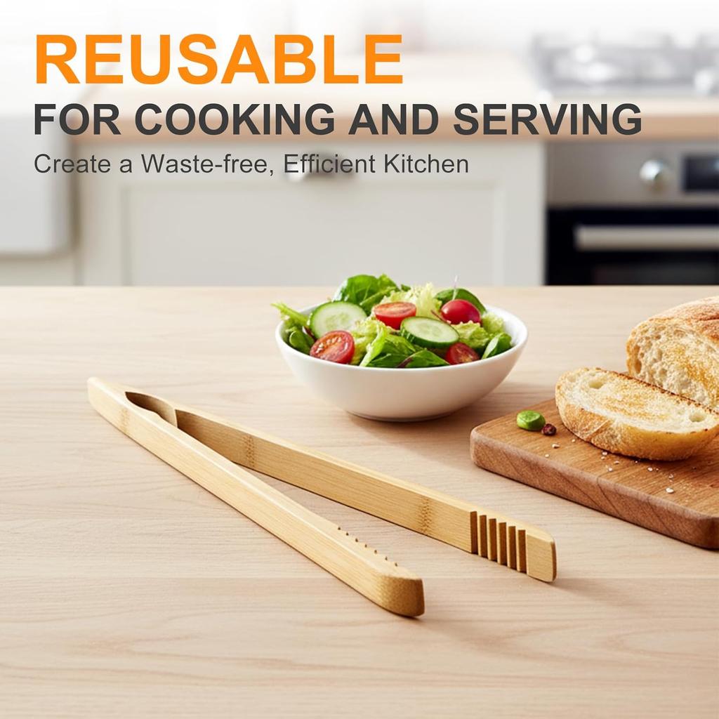 2 Pack Premium Bamboo Toaster Tongs, 10 Inches Natural Wooden Tongs with Serrated Tips for a Secure Grip On Toast, Bagels, Pastries, and Salads,
