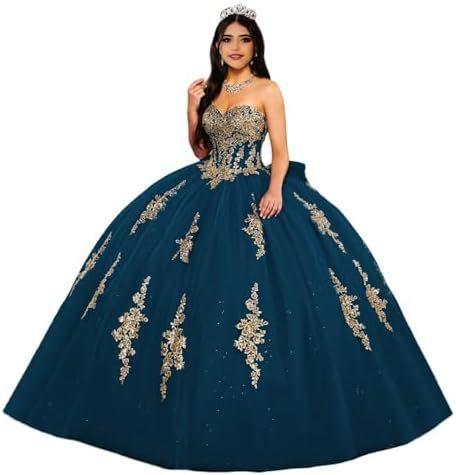 Gold Lace Applique Adult Dress Fluffy Strapless Tube Top Tulle Ball Dress Glitter Princess Dress Dress
