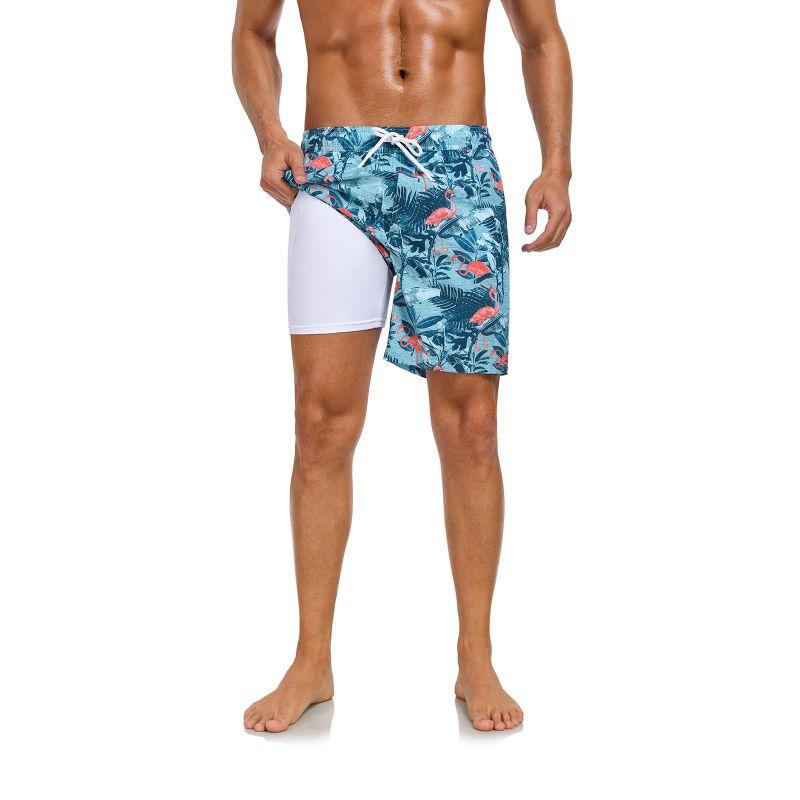 Men's Double-Layer Printed Beach Shorts Drawstring Swim Trunks