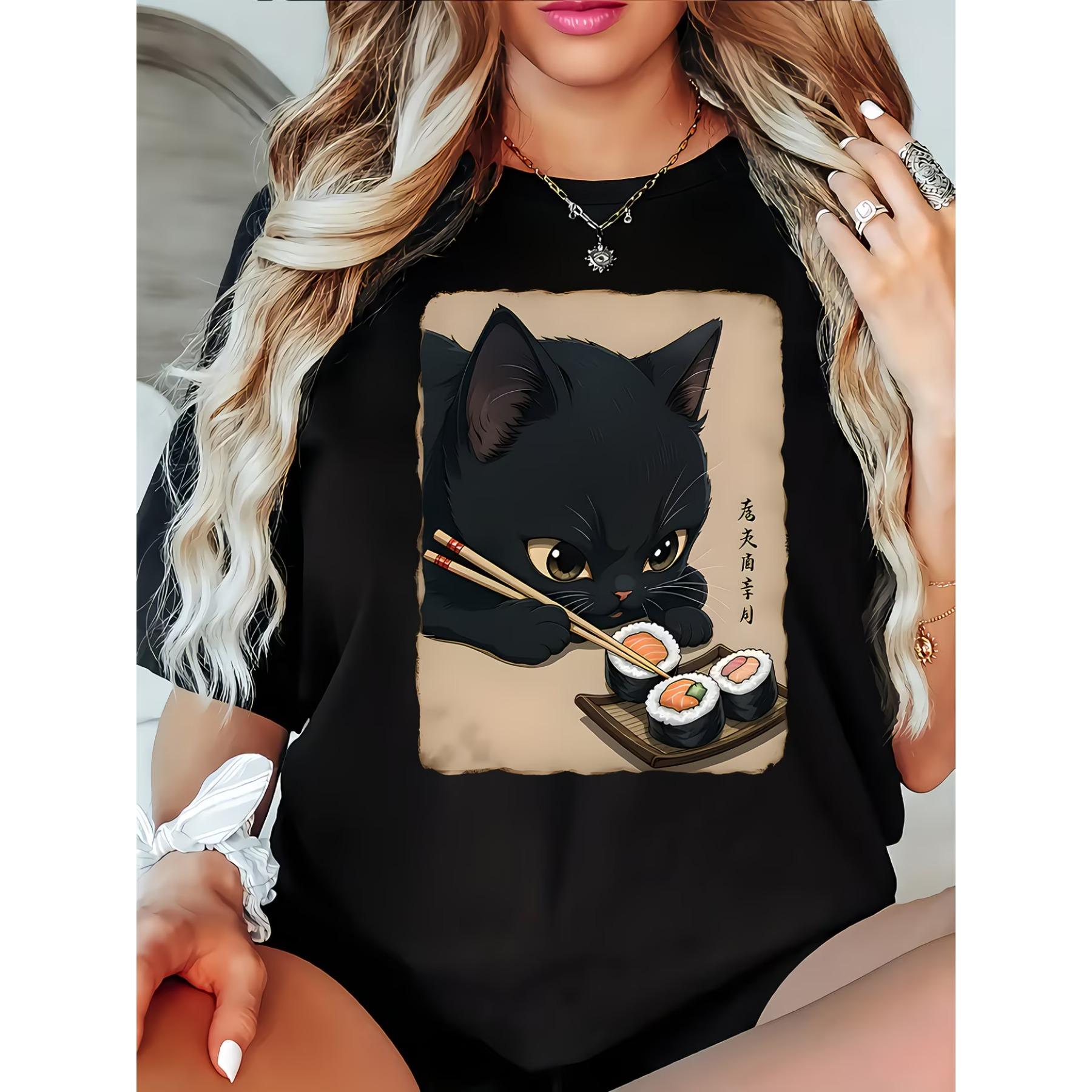 T-Shirt for Women, Cats Eating Sushi Print Featuring A Round Neck,Designed for Comfort in For All Seasons S