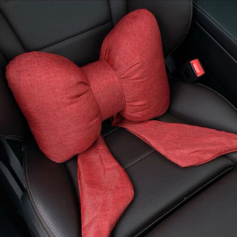 Ribbon Bow Linen Red Car Headrest Waist Neck Pillow New Car Seat Pillow Lumbar Support Women's Car Interior Accessories