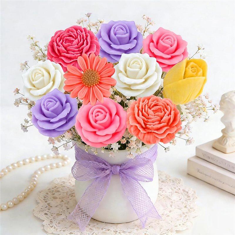 CYCLI-For DIY Candle Silicone Mold Set 4Pcs 3D Flower Molds For Soap Epoxy Release Crafts- Daisy Peony Rose Tulip Gift