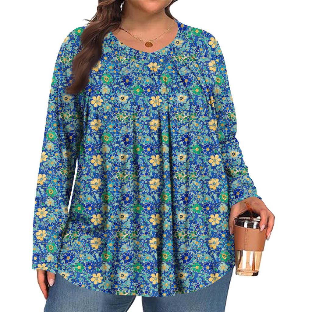 Dámská móda plus size Tištěný ležérní plisovaný top s kulatým výstřihem a dlouhým rukávem