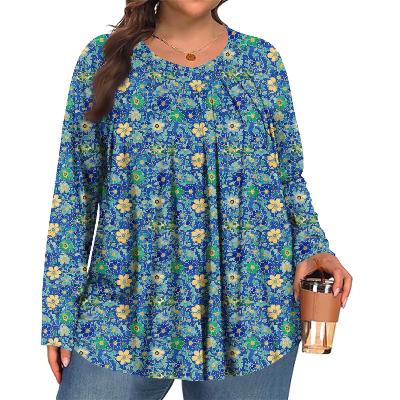 

Женский модный топ большого размера с принтом, повседневный плиссированный, с круглым вырезом и длинными рукавами XXL