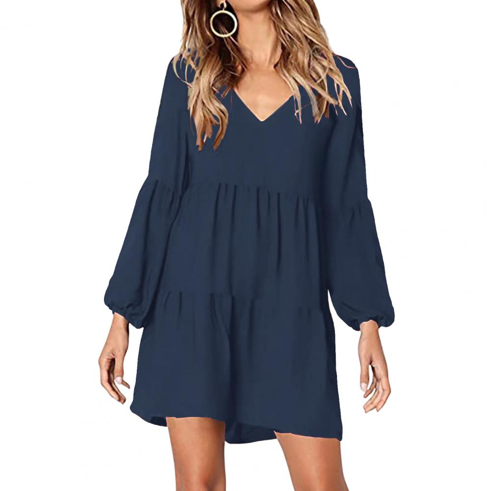 Women Fall Spring Dress V-Neck Single Color Comfortable Fit Patchwork A-line Big Swing Long Lantern Sleeve Soft Pullover Above Knee Mini Dr