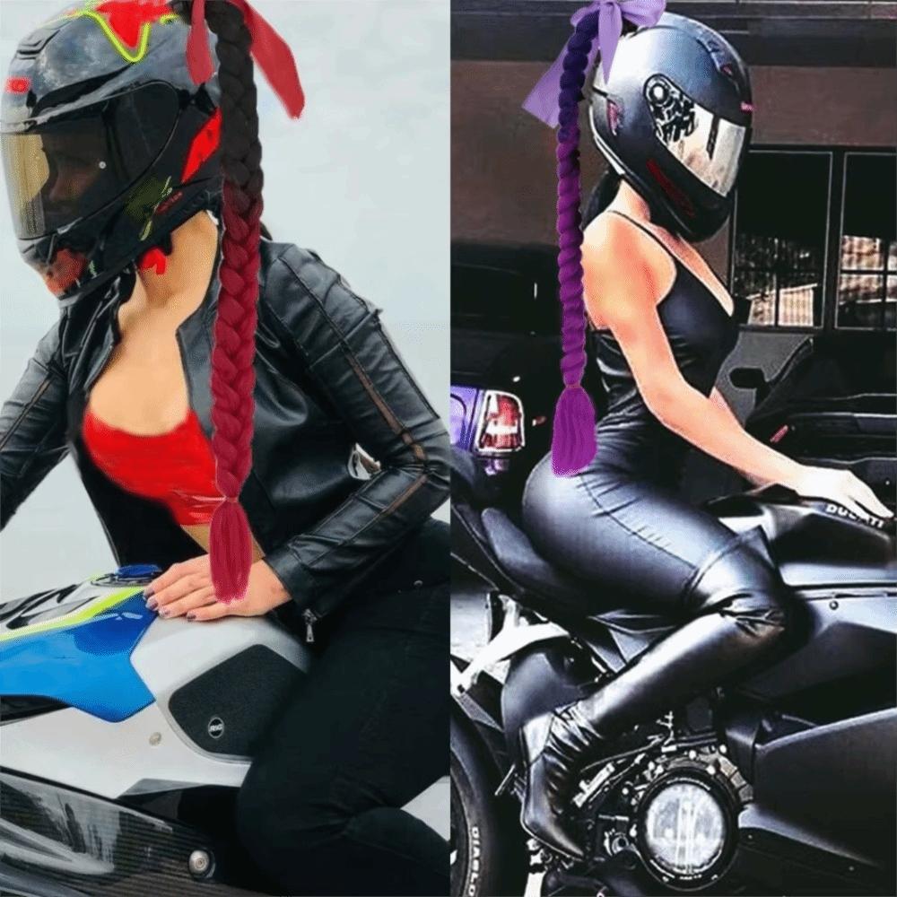 Gradient Ramp Synthetic Helmet Pigtails with Bowknot Motorcycle Helmet Braids Wig  for Motor Bike