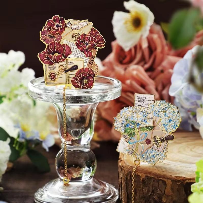 Vintage European Metal Bookmark with Pendant Exquisite Flower Reading Book Tab with Charm Set Teacher Gift Student Supplies