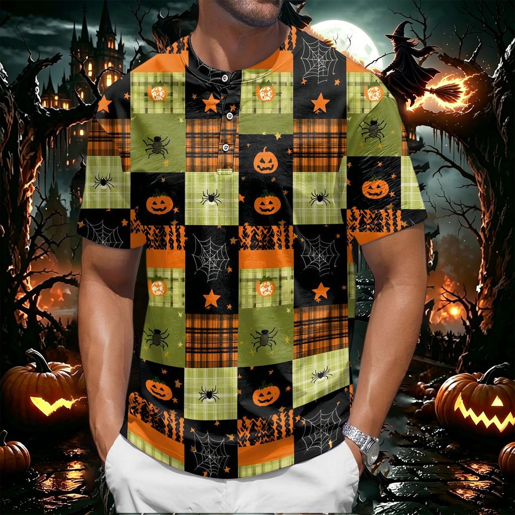 Men's Halloween Print Short Sleeve Henley Shirt Casual Round Neck Tee with Button Detail Suitable for Seasonal Wear