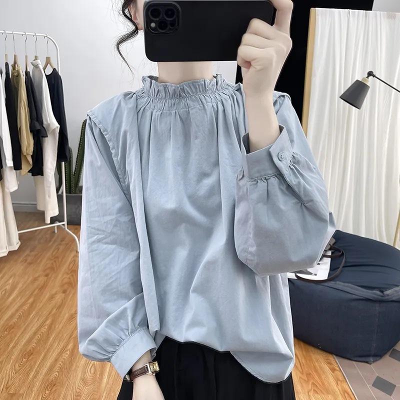 Women S Loose Long Sleeve Ruffled Collar Cotton Linen T Shirt M