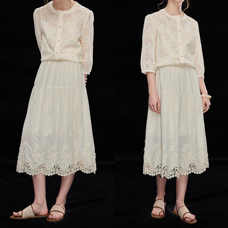 Wudao French Style Embroidered Cotton Midi Skirt XL