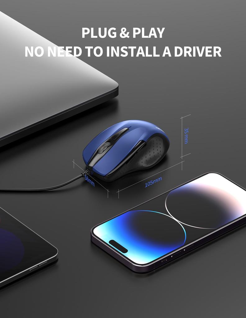TECKNET 6 Button USB Wired Mouse Side Button Optical Computer Mouse Ergonomic 5 Feet Compatible with Chromebook Mac Notebook 1000/2000DPI, Design,